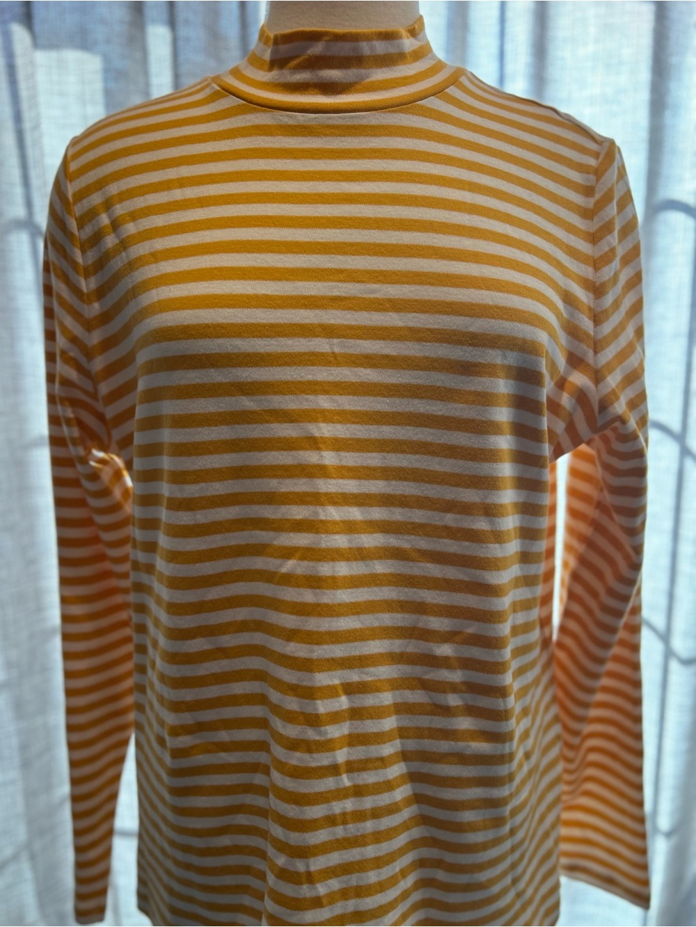 Kim Rogers Yellow & White Striped Mock Neck Long-Sleeve Shirt